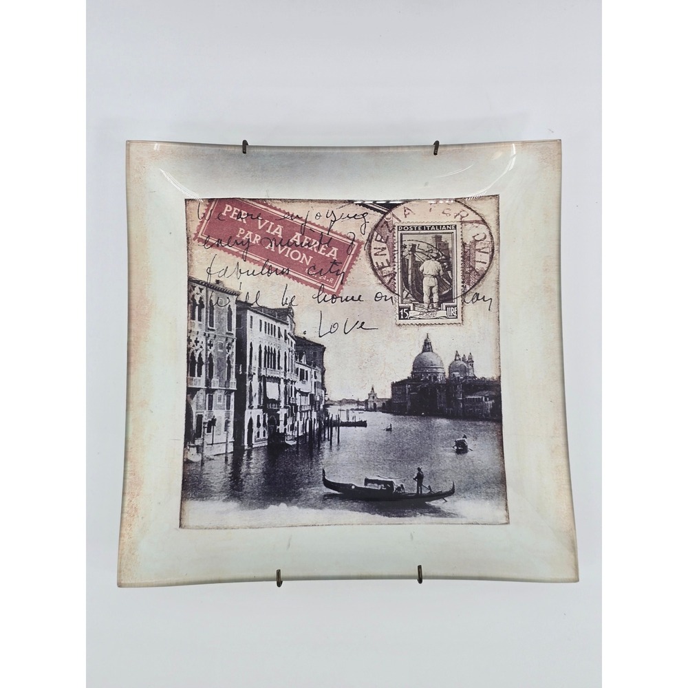 Empire Art Vetro Di Argento Glass Plate Venice Italy Vintage Postal Gondola Sign